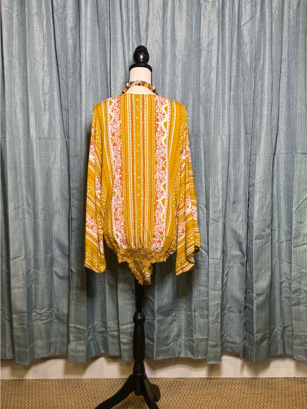 Free People Mustard Floral V-Neck Lace-Hem Tunic - Picture 2 of 6